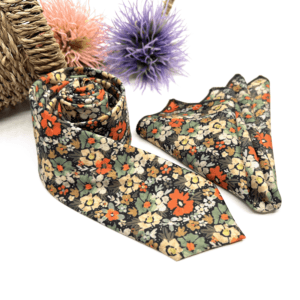Burnt Orange Necktie, Sage Green Floral Necktie, Slim Necktie, Groomsmen Necktie, Weddings Tie, Matched Pocket square
