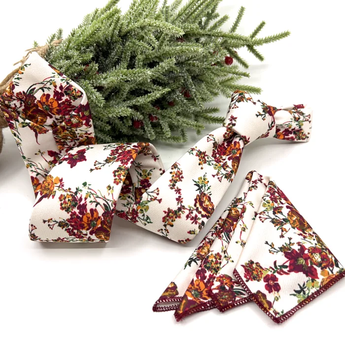 Ecru Necktie, Burgundy Floral Necktie